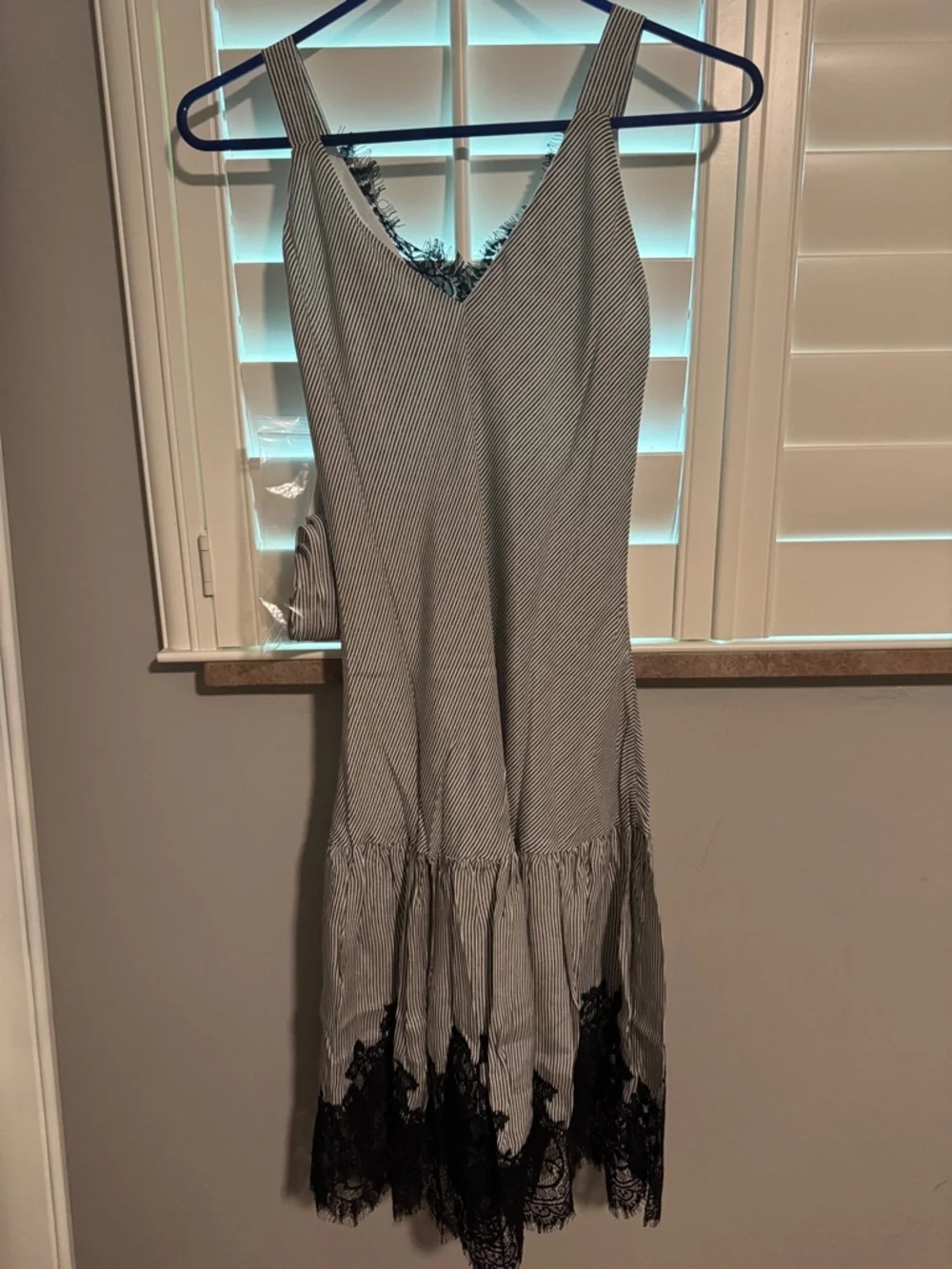 Striped V-Neck Midi Dress with Black Lace Trim - Picture 3 of 3
